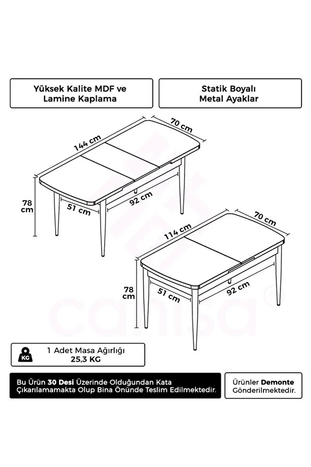 Canisa Kor Serisi 70x114 MDF Açılabilir Beyaz Mutfak Masası, Yemek Masası